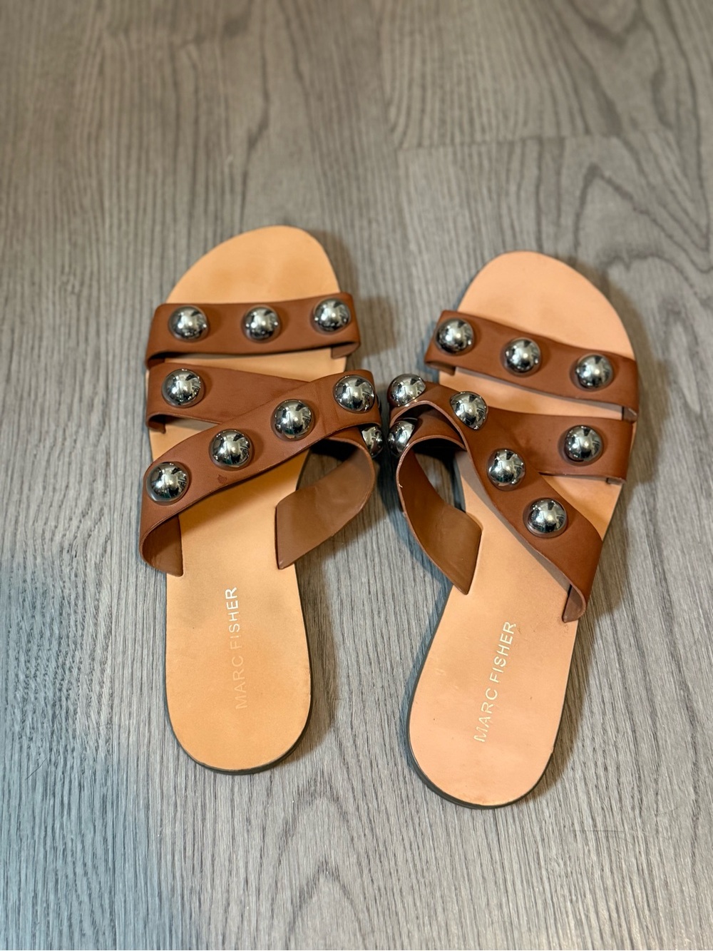 Marc Fisher Brown Leather Studded Slide Sandals